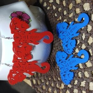 2 Pair Red and Blue Wood Elephant Earrings